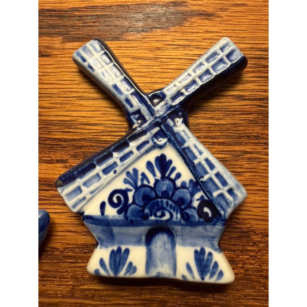 Vintage Delft Blue Style Dutch Windmill Duck Ceramic Refrigerator Magnets Set 2 - Picture 3 of 7